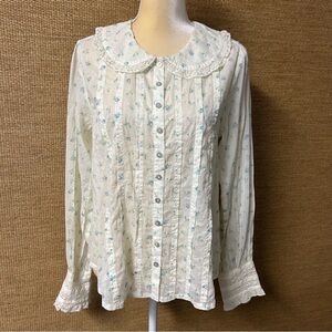 Free People Blouse Women XS Oversized Cream Blue Floral Long Sleeve Button Up